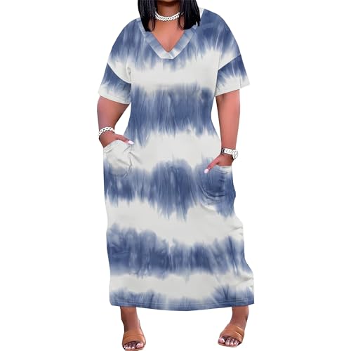 Image of Women Casual T-Shirt Dress V Neck Short Sleeve Solid Color Oversize Dress with Front Two Pockets