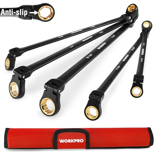 WORKPRO Extra Long Flex-Head Ratcheting Wrench Set, 5-piece Anti-Slip Double Box Wrench Set, SAE 1/4-13/16', 72-Teeth, Cr-V Steel and Black Electrophoretic Coating Wrenches with Rolling Pouch