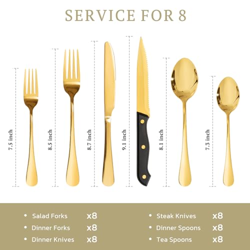 Image of Astercook Silverware Set 48-Piece Gold Flatware Set with Steak Knives Food-Grade Stainless Steel Cutlery Set for 8 Mirror Polished Utensils Set Include Spoons and Forks for Home Kitchen Restaurant