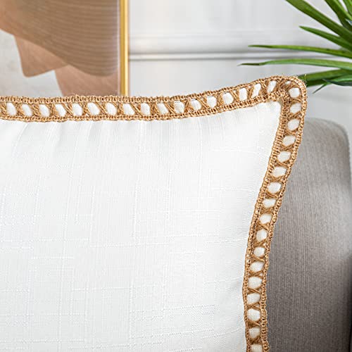 Hyoubala Decorative Throw Pillow Covers 18X18 Set Of 2- Burlap Linen Trimmed Tailored Edges Farmhouse Pillow Cases For Couch Sofa Livingroom (Off White, 18X18) #TOP2