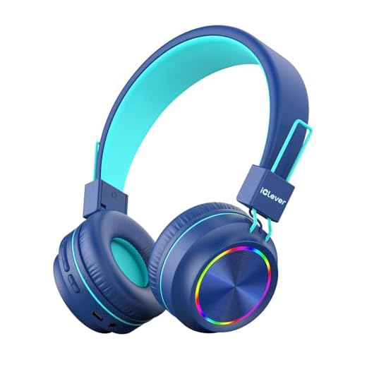 iClever BTH03 Kids Bluetooth Headphones Safe Volume, Colorful LED Lights, 25H Playtime, Stereo Sound Mic, Bluetooth 5.0, Foldable, On Ear Kids Wireless Headphones for Tablet Airplane, Blue