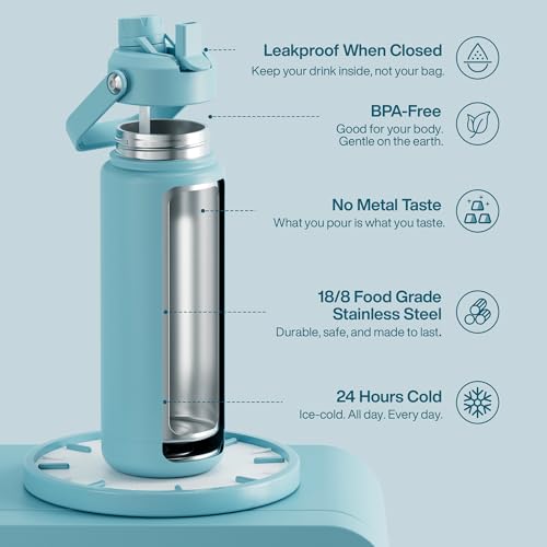 Image of ENCOOL Insulated Water Bottle with Straw Stainless Steel Water Bottle, Leak-Proof, BPA-Free, Double Wall Vacuum Keeps Cold for 24 Hours for Sports, Travel, School (32 oz, Pewter Blue)