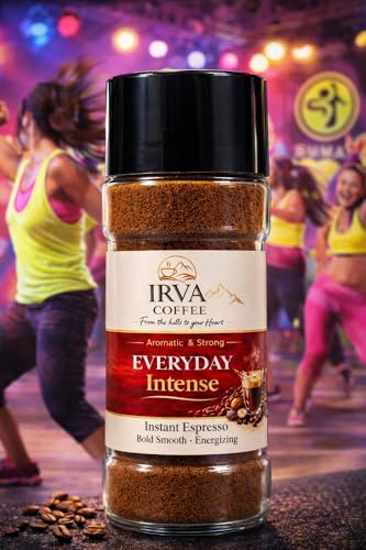 Image of IRVA Everyday Intense Strong Instant Coffee | Agglomerated Granules | Bold, Full-Bodied Taste with Rich Aroma | Crafted for an Active Lifestyle - Ideal for Gym, Fitness, Yoga, Dance & Pre /Post Workout Boost | Perfect for Black & Milk Coffee | 100 g | Makes 40-50 Cups
