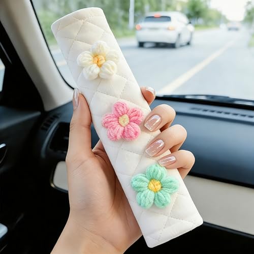 Image of Amooca Soft Auto Seat Belt Cover Seatbelt Shoulder Pad Cushions 2 PCS for a More Comfortable Driving Universal Fit for All Cars and Backpack Off-White Knitted Flower (Green & Pink)