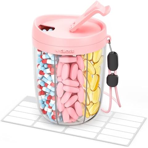 AMOOS Large Pill Dispenser with 6 Compartments, Anti-Mix Pill Bottle Organizer with Wide Opening & Easy Retrieval, Vitamin Organizer for Travel, BPA-Free Pill Box with a Strap and 20 Sticky Labels Cover