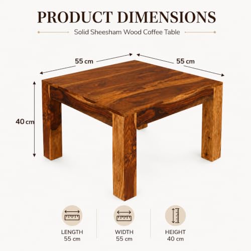 Image of Sheesham Wood Coffee Table - 55 x 55 x 40 cm, Solid Sheesham with Teak Finish Finish, Modern Multipurpose Center Table