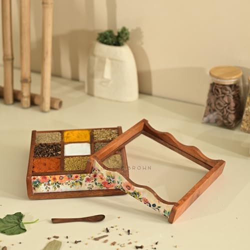 Image of Brick Brown Premium Wooden Pastel Flora Nava Masala Box with Wooden Spoon | 9-Compartment Spice Box Organizer with Acrylic Lid Meenakari Work | Masala Dani Namak Dani | Masala's Container Dabba