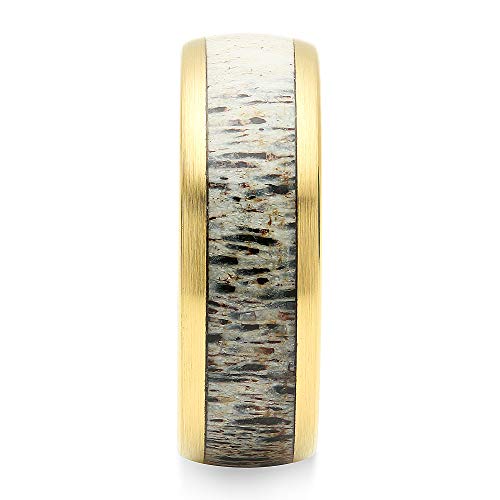 100S JEWELRY Tungsten Rings for Men Gold Wedding Band Antler Inlaid Dome Edge Matte Finish Size 8-163