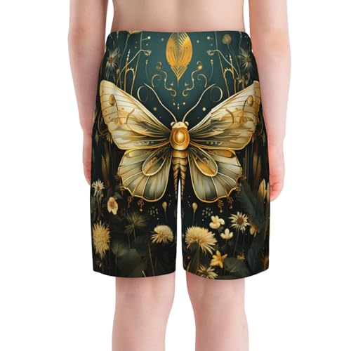 Boys Beach Board Shorts Swim Trunks Quick Dry Swimwear Kids Youth, Gold Hawk Moth Fireflies Art4