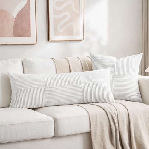 Image of Fancy Homi Set of 2 White Boho Long Lumbar Body Decorative Throw Pillow Cover 14x36 Inch for Bed Couch Bedroom Bench, Soft Patchwork Corduroy Textured Pillow Case, Rustic Farmhouse Room Decor