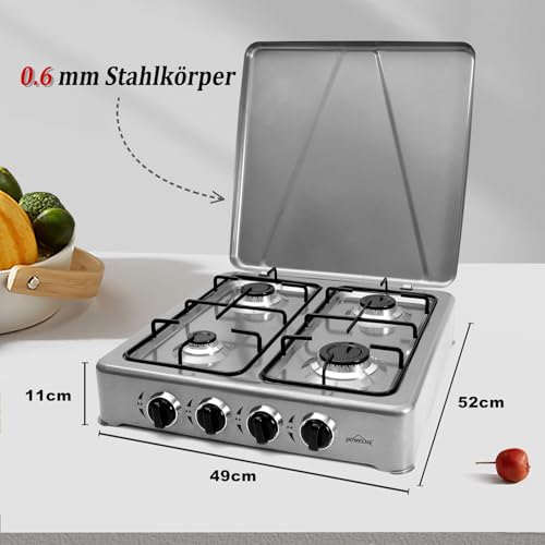 HOMELUX 6,2 KW Gaskocher, 4 Flammig Campingkocher mit Deckel | mit 150cm Gasschlauch und Druckminderer 50 mbar, Kochfeld Kocher Herd Gas Outdoor (Grau) – Bild 3
