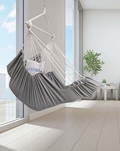 Advokair Hanging Hammock Chair Large Swing Chair With Foot Rest And Hardware,Max 500Lbs,Steel Spread Bar With Anti Slips, 2 Cushions And Side Pocket ,Indoor/Outdoor Use Grey #TOP6