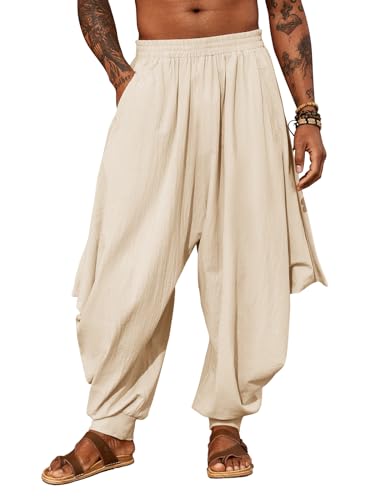 PASLTER Haremshose für Herren, Leinen, Yoga, Strand, Baggy, Sommer, Boho, Aladin, Genie, Beige, Mittel