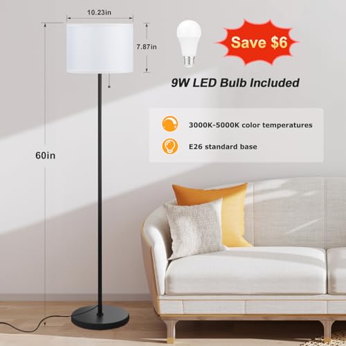 Image of Ambimall Floor Lamps for Living Room with 3 Color Temperatures Bulb & Pull Chain Switch, 60 inch Modern Standing Floor Lamp for Bedroom Kids Room Study Room（White Shade & Black Pole）