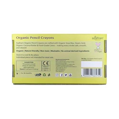 Image of Azafran Organics - 15 Non-Toxic Plant-Based Pencil Crayons (15 COLOURS) - New Pack, For Pre School Kids, Hypoallergenic, No Mineral Oils Or Harmful Chemicals, Multi-coloured