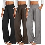 Neer 3 Pack Women's Wide Leg Yoga Pants, Comfy Lounge Pants with Pockets Ladies' Stretch Sweatpants Elastic Waist Joggers(Medium,Black, Cement, Chestnut)