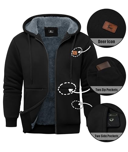 Image of Little Beauty Fleece Hoodies for Men Winter Thick Jackets Sherpa Lined Zip Up Sweatshirt With Kanga Pocket