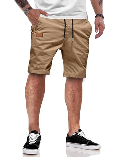 JMIERR Kurze Hosen Herren Shorts Herren Sommer Chino Baumwolle Elastische Taille mit Taschen Khaki S
