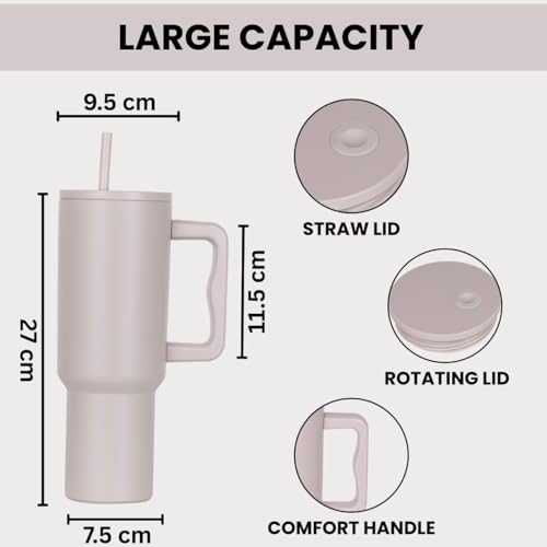 Image of 1200ML Stainless Steel Tumbler with Handle & Lid, 2 Straws - Large Travel Mug Water Cup for Gym, Office & Outdoor Use (Rose)
