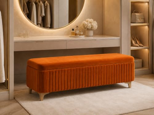 Image of LEGACY OF COMFORT Qwen Velvet Upholstered Flip Top Storage Bench 2 Seater Sofa Upholstered Ottoman Bench with Storage for Living Room, Bedroom (Orange)