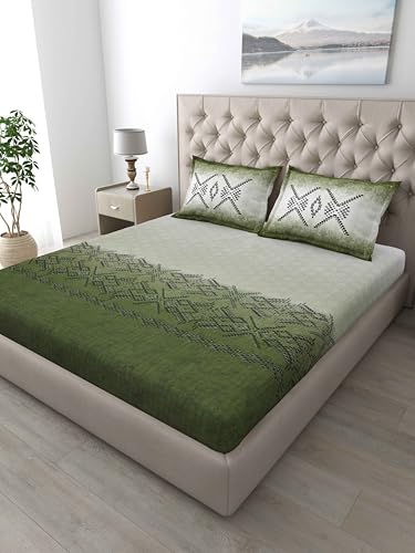 Image of Mafatlal 186 TC Autumn Delight Cotton Bedsheet King Size | 108 x 108 Inches | Lightweight Breathable Summer Fabric | Soft Comfortable Bedding with 2 Pillow Covers | Artichoke Green