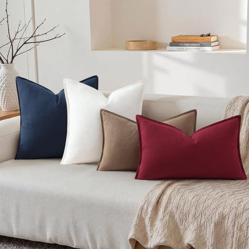 Image of decorUhome Summer Decorative Linen Throw Pillow Covers 12x20 Inch Set of 2 Light Brown Lumbar Pillow Covers with Flange Edges Soft Farmhouse Boho Accent Pillow Cases for Couch Bed Living Room