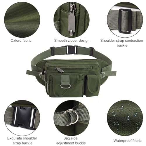Image of GUSTAVE Tactical Waist Bag with Multi Pocket Storage, Water Resistant Oxford Fanny Pack with Adjustable Belt & D Ring for Hiking, Fishing, Cycling, Work, and Outdoor EDC Army Green