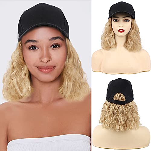 CHRSHN Short Wave Baseball Cap Wig with Curly Hair Extension Synthetic Wave Wig Hat for Women Adjustable Brown Black Baseball Hat Wig(26/88#)