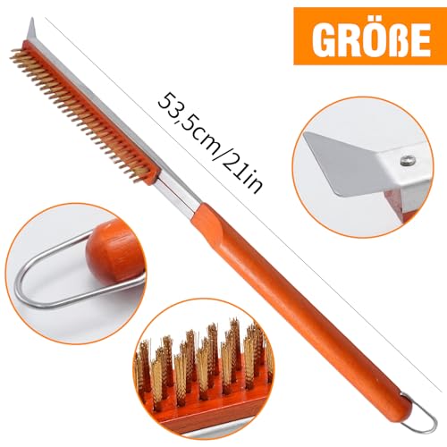 Ollanoos ​53.5cm 2 in 1 Pizza Bürste Set, Edelstahlschaber & Messingborsten, für Holzkohle und Holzöfen (53,5cm)​