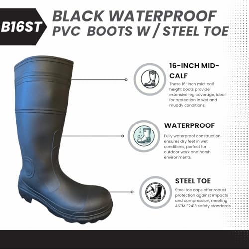B16ST Industrial Black Waterproof PVC Rubber Rain Boots with Steel Toe Protection, 16-Inch, Unlined with Steel Shank, Outdoor Protective Safety Footwear (1 Pair)3