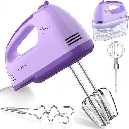 Image of LILPARTNER Electric Hand Mixer with Storage Box, Ultra Power Kitchen Hand Mixer With 7-Speed & 5 Stainless Steel Accessories for Whipping Dough, Cream, Cake, Dishwasher Safe, LIGHT PURPLE BOX