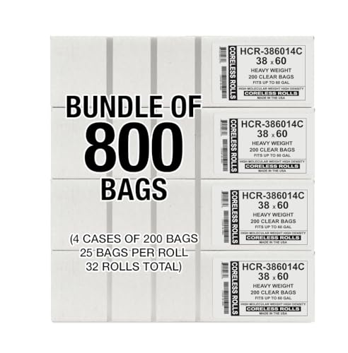 Image of Aluf Plastics High Density Trash Bags, 60 Gallon, 800 Count, 14 Micron (eq), 38 inch x 60 inch, Clear, for Bathroom, Office, Industrial, Commercial, Janitorial, Municipal, Recycling