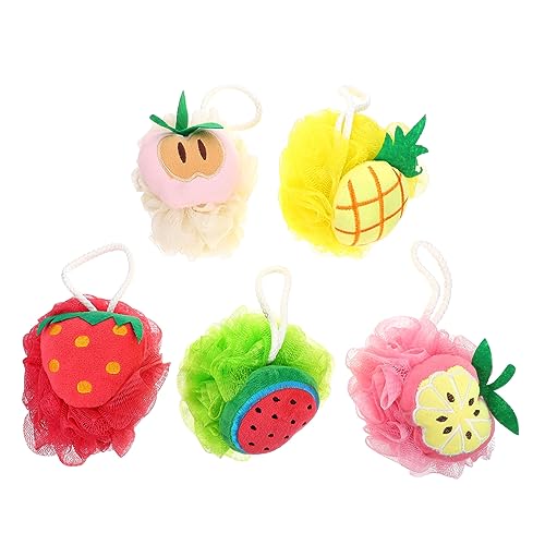 BESTYASH 5Pcs Cartoon Fruit Design Bath Balls Comfortable Rubbing Bath Exfoliating Tool for Daily Skin Care Lightweight and Portable Shower Accessories for Home and Travel