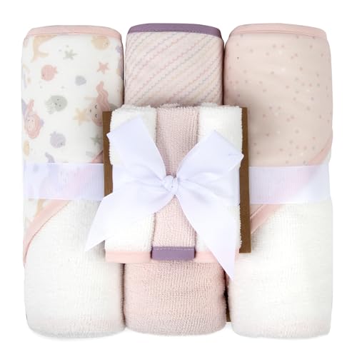 Image of Hooded Baby Bath Towel and Washcloth 6 Piece Set for Newborns, Infants & Toddlers, Boys & Girls Baby Hooded Towels Set (Mermaid Friends & Waves)