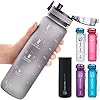 Cactaki 32 oz Water Drinking Bottle with Time Marker, Straw & Strap - Stay Hydrated - Hydration Tracker & Reminder to Drink - Daily & Hourly Measurement Markings - Leak Spill Proof & BPA Free - Grey