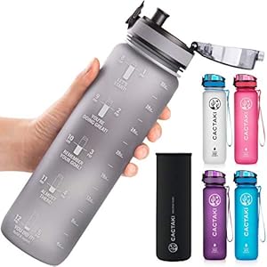 Cactaki-32-oz-Water-Bottle-with-Time-Marker-BPA-Free-Leak-Proof-Measures-How-Much-Water-You-Drink-Best-Water-Bottle-to-Stay-Hydrated-All-Day Cactaki 32 oz Water Drinking Bottle with Time Marker, Straw & Strap - Stay Hydrated - Hydration Tracker & Reminder to Drink - Daily & Hourly Measurement Markings - Leak Spill Proof & BPA Free - Grey