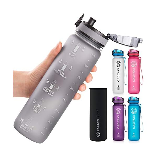 Cactaki 32 oz Water Drinking Bottle with Time Marker, Straw & Strap - Stay Hydrated - Hydration Tracker & Reminder to Drink - Daily & Hourly Measurement Markings - Leak Spill Proof & BPA Free - Grey