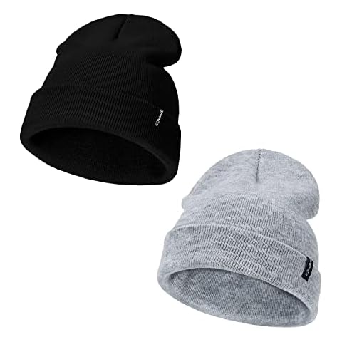 KDWAVE 2Pack Knit Cuffed Beanie Hat Skull Cap Cute for Men Women Slouchy Unisex Fisherman Hats Soft Warm Stretchy Solid Color, Light Grey Melange/Black, One size Cover