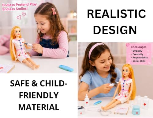 Image of BKDT Marketing Doctor Doll Playset for Girls, Doctor Nurse Doll & 11 Medical Accessories, Pretend Play Medical Kit, Educational Role Play Toy, Birthday Gift for Kids Age 3 4 5 6 Years