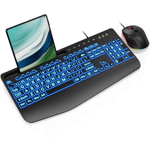 Wired Keyboard Mouse Combo - Large Print Backlit, Ergonomic Wrist Rest, 6 DPI RGB for PC/Windows - Ideal for Seniors, Students, Office and Home SABLUTE