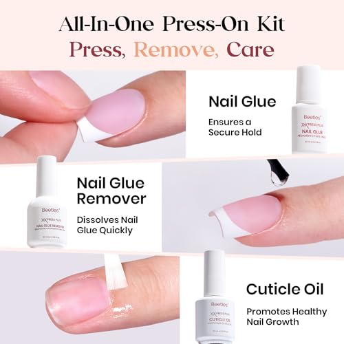 Image of Beetles X Press Plus Gel Nails Kit - Pearl French | Pink Short Square French Tip Press On Nails | 150Pcs 15 Sizes All-in-One Kit with Nail Glue,Remover,Builder Top Coat,Nail Lamp Gift for Women
