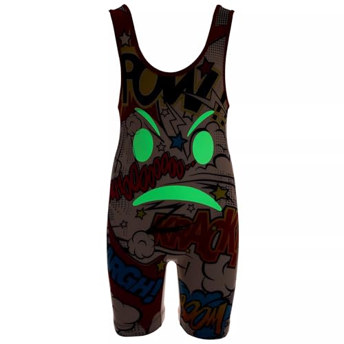 KO Sports Gear Unisex Wrestling Singlet for Youth Wrestlers - Wrestling Singlet for Boys & Girls - Bold Durable Uniform, Stretchy Breathable Material - Glow in the Dark Comic Book, Youth Small