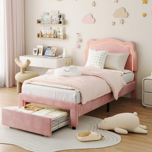 GarveeHome Twin Upholstered Smart LED Bed Frame with Headboard and Storage Drawer, Velvet Princess Platform Bed Frame for Kids, Wooden Slats Support,