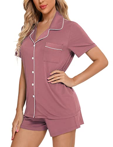 Image of Pjmlifecoco Women's Modal Pajama Set Short Sleeve Button Down Two Piece Soft Sleepwear with Shorts Loungewear S-XXL