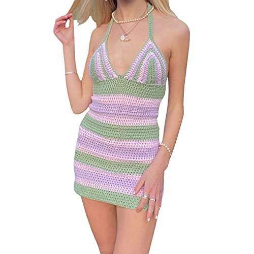 Women Sexy Hollow Mini Dress Backless Halter Y2K Streetwear Spaghetti Strap Dresses (Color Block Purple, Medium, m)