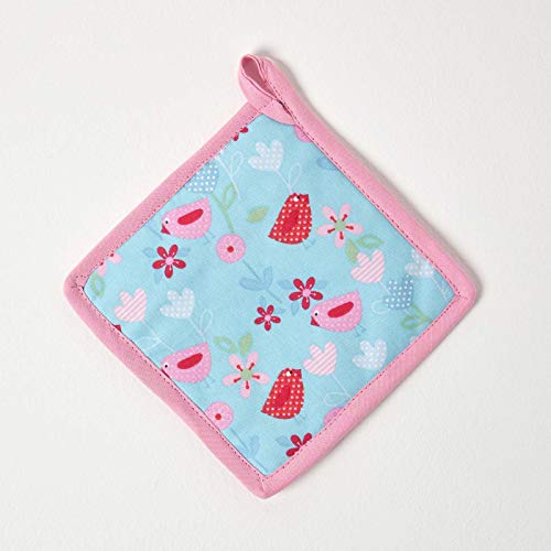HOMESCAPES - Pure Cotton Pot Holder - Birds and Flowers - Pink Blue - 20 x 20 cm - Fully Coordinated Washable Kitchen Linen