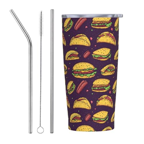 Nevjipu Taza de café de viaje con tapa de 20 onzas, taza de café de acero inoxidable con impresión de hamburguesa, taza de café reutilizable aislada, taza de té a prueba de fugas con tapa, pajitas y