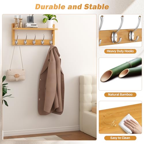 VASMIA Coat Rack Wall Mount with Shelf,Bamboo Wall Shelf with Hooks,Coat Hangers for Entryway,Bathroom, Living Room, Bedroom, Natural by VASMIA - Image 6