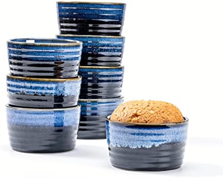 Porcelain Ramekins, Stoneware Baking Dishes - 240ML for Souffle, Creme Brulee, Ceramic Dipping Bowls for Baking, Souffle Dish Oven Safe Set of 6 - Blue