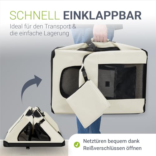 Juskys Hundetransportbox Lassie S faltbar & tragbar 34x50x36 cm mit Decke, Tasche & Griffen - Faltbare Transportbox für Hunde, Katzen & Haustiere - Oxford Stoff Hundebox Auto Hundetasche - Beige